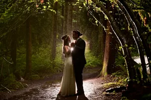 Theresa and Andrew wedding under tall trees