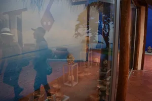 People and a tree reflected in the glass of a museum exhibit of pottery