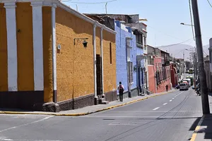 Brightly colored buildings on a city street